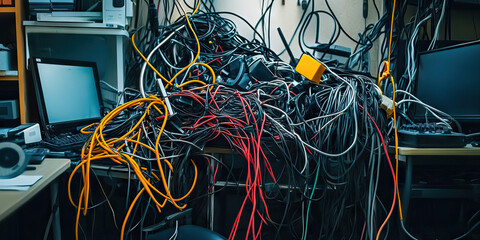 Tech Tangle: A messy pile of cords and cables, winding around chairs and desk legs.