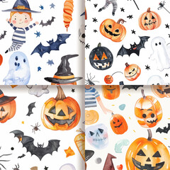 Watercolor Halloween Seamless Pattern with Pumpkins  Bats  Ghosts and Witch Hat