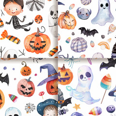 Watercolor Halloween Seamless Pattern with Pumpkins  Ghosts  Bats  and Candy