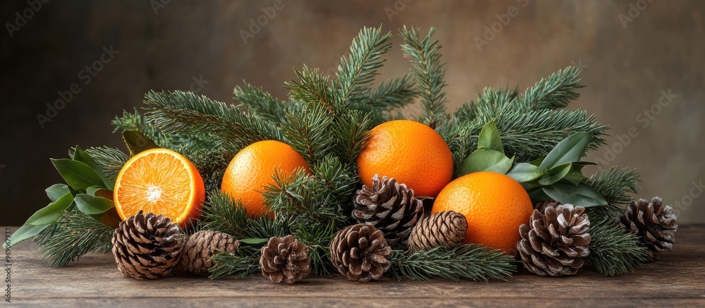Poster on the table sits a bouquet of fir branches with cones tangerines and christmas tree decorations cra