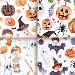 Watercolor Halloween Seamless Pattern With Pumpkins  Ghosts  Bats  Candy And Kids