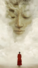 A serene scene where a monk in a vivid red robe stands with their back to the viewer, gazing up at a colossal, ethereal Buddha face that seems to form out of mist and smoke