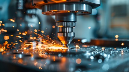 Close-up of a CNC machine cutting metal in a modern manufacturing plant, precision engineering, industrial technology, focused operation