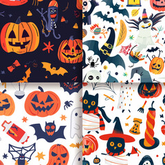 Cute Halloween Seamless Pattern Backgrounds With Pumpkins  Bats  Ghosts  Spiders and Witch Hats