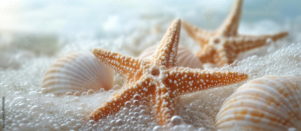 Poster Red starfish and assorted seashells on a textured background Copyspace area for text Toned image selective focus foggy view