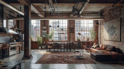 An urban industrial loft, with steel beams and exposed ducts, brick walls, and large windows, combining rugged materials with modern design