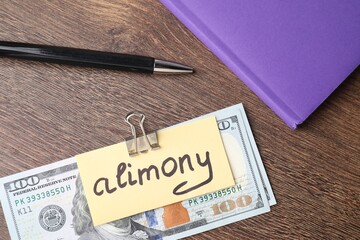 Card with word Alimony, dollar banknotes, notebook and pen on wooden table, top view