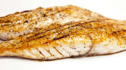 Close-up of a fillet of grilled fish on a white background, showcasing its flaky texture and golden-brown crust.