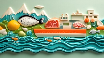 Obraz premium A Sculptural Depiction of a Boat Carrying Fish and Seafood on a Wavy Ocean
