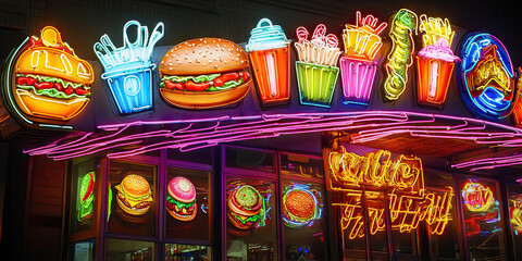 Naklejka premium Fluorescent Fast Food Fiesta: A colorful, neon sign above a fast food restaurant, beckoning late-night diners.