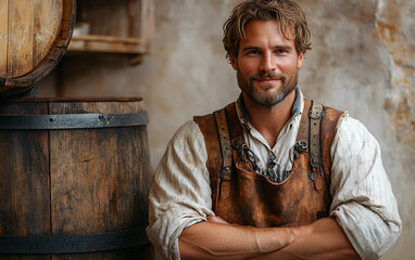 A man wearing an apron stands confidently in front of a large wooden barrel, showcasing a rustic setting.