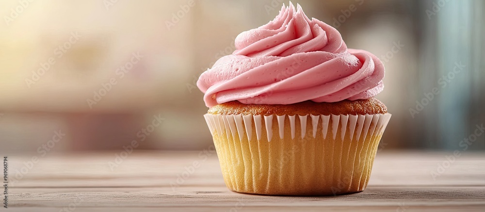 Leinwandbilder Attractive cupcake on a light wood surface. with copy space image. Place for adding text or design