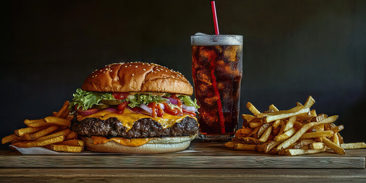 Supersized Spectacle: A supersized meal, complete with a super-sized fry, soda, and burger, dwarfing a small wooden table.