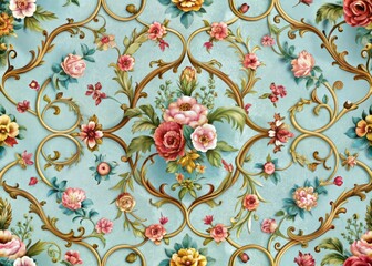 Fototapeta premium Vintage floral vines entwined with trellis motifs on a soft blue background, surrounded by ornate borders of rolled florals and acanthus leaves.