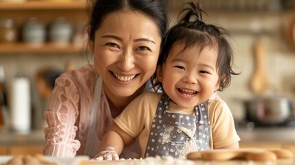 Horizontal portrait of a mother and child engaged in baking activities, both in aprons, in a cozy, vintage kitchen.