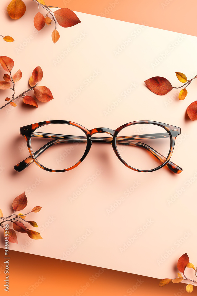 Wall mural stylish glasses in a tortoiseshell plastic frame on beige background with autumn leaves. trendy eyew