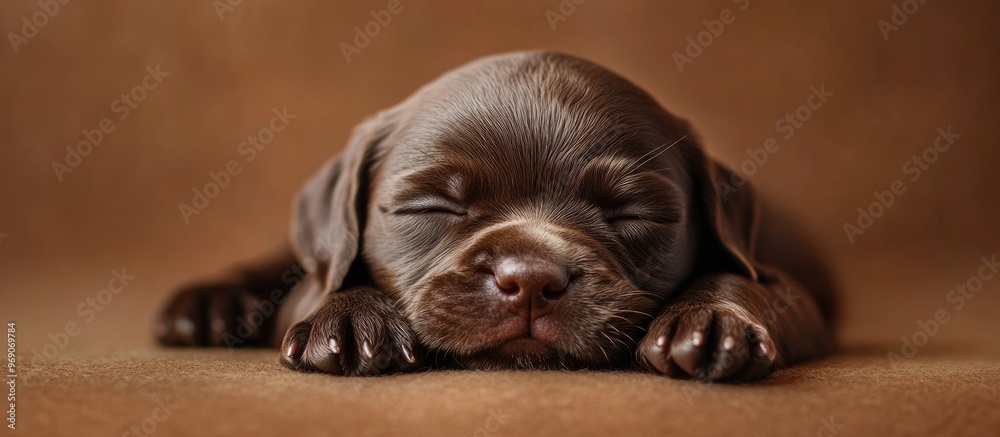 Aufkleber A newborn chocolate puppy rests on a horizontal brown background High quality photo with space for a signature. with copy space image. Place for adding text or design