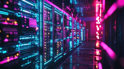 Neon lit underground cyberpunk crypto mining farm