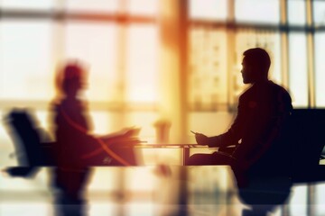 Confidential discussions in the boardroom Defocussed shot of two silhouetted businesspeople having a meeting in the boardroom