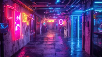 Fototapeta premium Neon lit underground cyberpunk nightclub