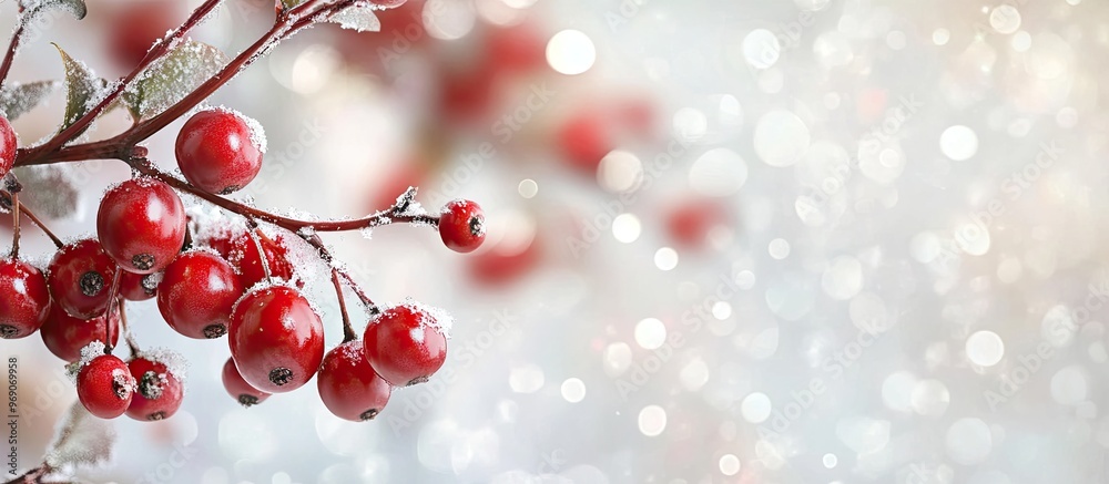 Leinwandbilder Hawthorn berry against a light background featuring snow and a Bokeh effect. with copy space image. Place for adding text or design
