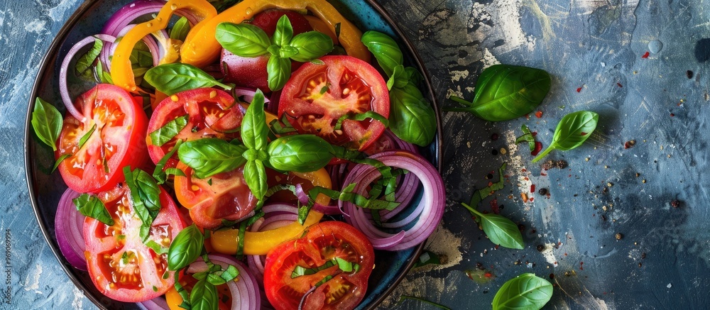 Poster colored tomato salad with onions and basil plant based dish top view flat lay. with copy space image