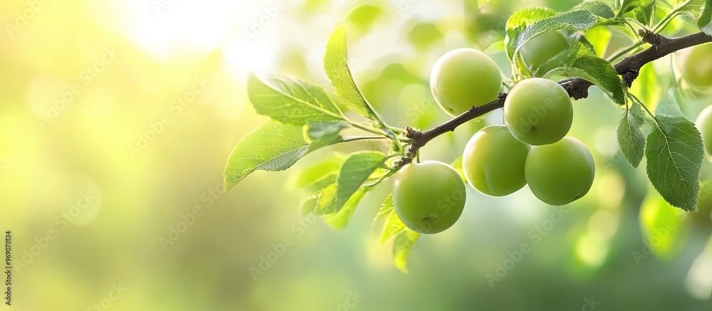 Aufkleber under ripe small green plum fruits on a branch during spring. with copy space image. place for addin