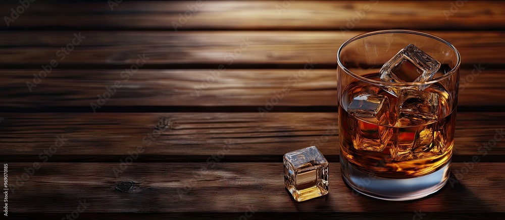 Poster A glass of whiskey or cognac on wooden planks with ice cubes. with copy space image. Place for adding text or design
