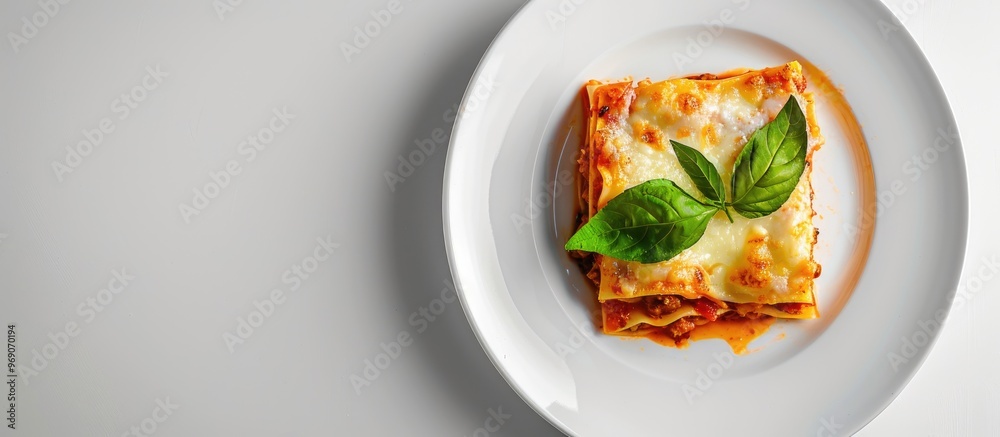 Poster lasagna homemade italian lasagna featuring bolognese meat sauce cheese and basil on a white plate cl