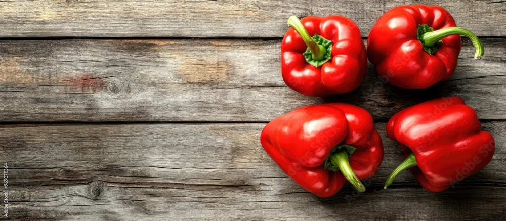 Leinwandbilder Red bell peppers on a wooden surface. with copy space image. Place for adding text or design