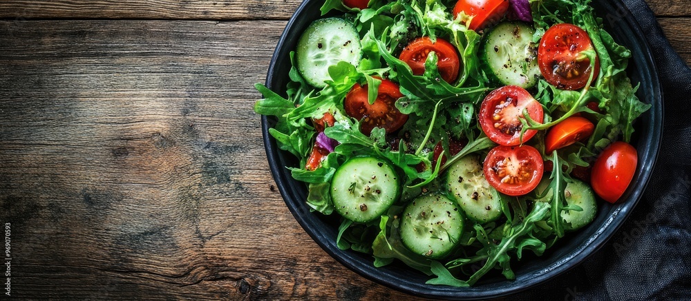 Poster Bowl of delicious salad on a colored background. with copy space image. Place for adding text or design