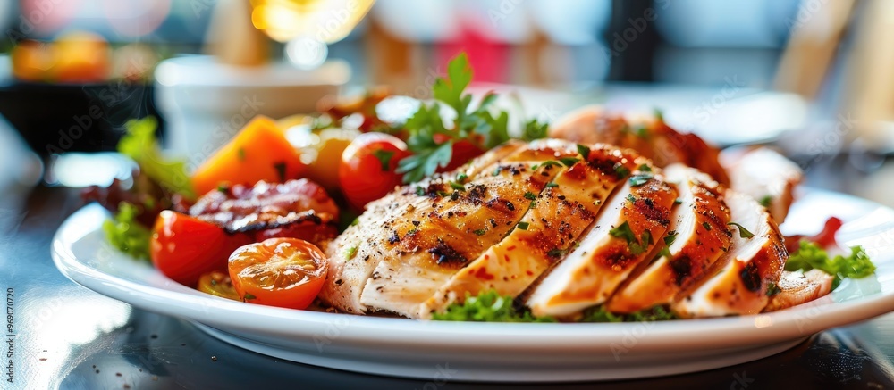 Poster A plate featuring sliced grilled chicken breasts accompanied by vegetables toast and bacon Copy space Selective focus