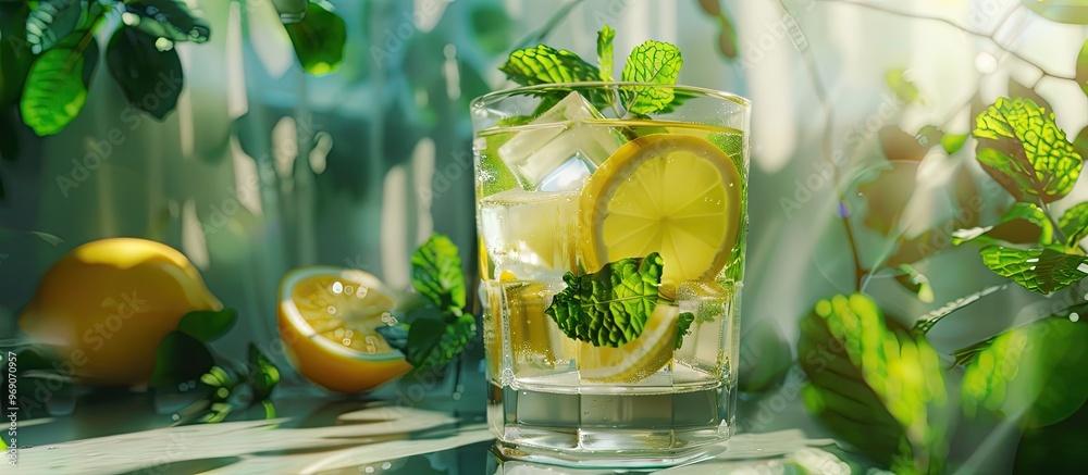 Aufkleber Refreshing summer beverage featuring lemon mint and ice Glasses filled with a cool and healthy drink space for text. with copy space image. Place for adding text or design