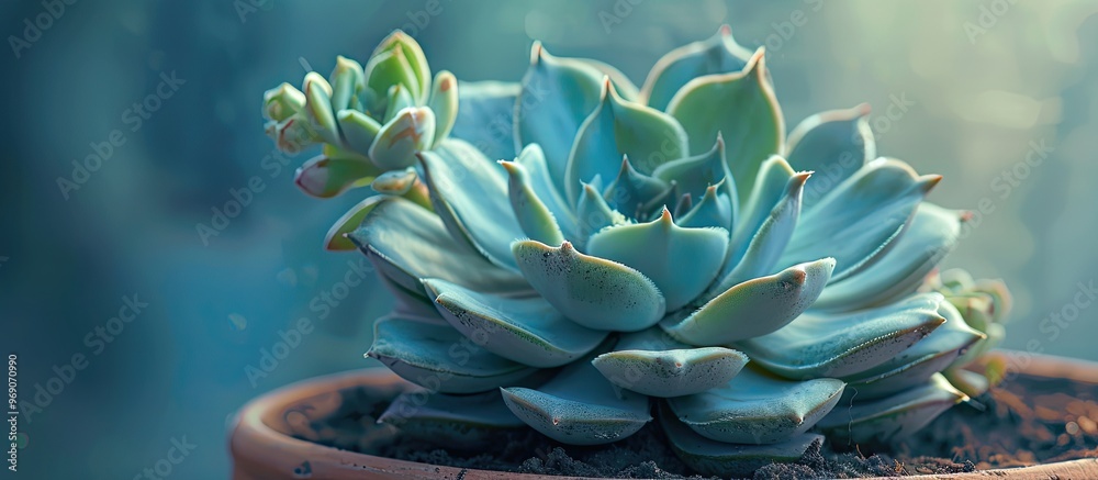 Poster Small succulent plant on a rustic backdrop Selective focus Shallow depth of field. with copy space image. Place for adding text or design
