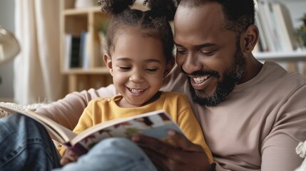 Obraz premium Horizontal view of a dad reading a storybook to his child, both immersed in the story.