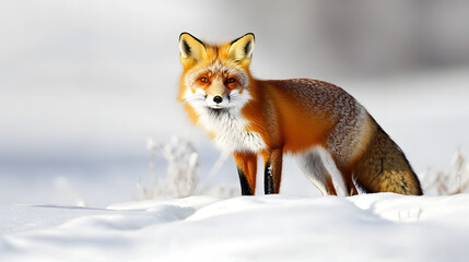 Detailed Close-Up of a Vibrant Red Fox in a Snowy Landscape, Showcasing Its Beautiful Fur Against the White Snow and Capturing Its Lively Eyes and Alert Posture in High Resolution