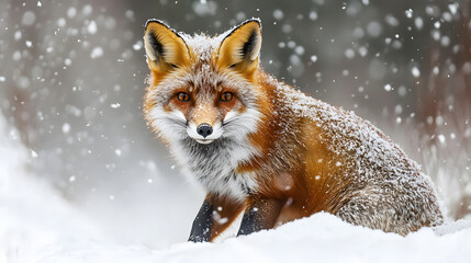Fototapeta premium Detailed Close-Up of a Vibrant Red Fox in a Snowy Landscape, Showcasing Its Beautiful Fur Against the White Snow and Capturing Its Lively Eyes and Alert Posture in High Resolution