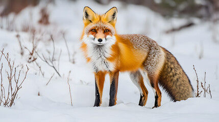Detailed Close-Up of a Vibrant Red Fox in a Snowy Landscape, Showcasing Its Beautiful Fur Against the White Snow and Capturing Its Lively Eyes and Alert Posture in High Resolution