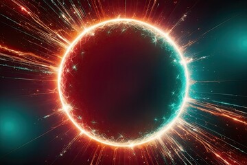 Fototapeta premium Vibrant Luminescent Circle with Shimmering Bursts in Crimson, Teal, and Orange Energy Backdrop