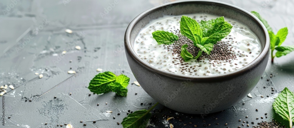 Aufkleber chia pudding with mint leaves in a white bowl set against a gray background a nutritious breakfast f