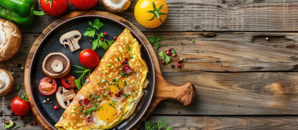 Poster omelet with mushrooms and vegetables fried eggs set against a wooden background top view free copysp