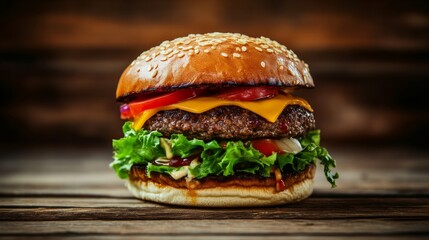 Delicious cheeseburger with fresh toppings on wooden table. Fast food and culinary concept