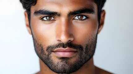 Obraz premium Close-up portrait of a handsome man with a beard and intense gaze, natural beauty and skincare concept 