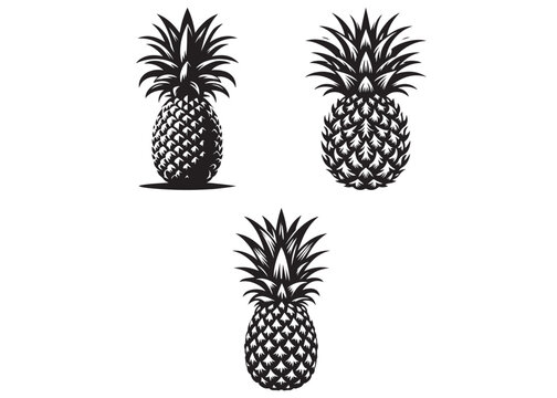  Pineapple vector silhouette, pineapple tropical fruit, pineapple silhouette logo icon, minimalist black silhouette of pineapple fruit isolated on white background vector illustration
