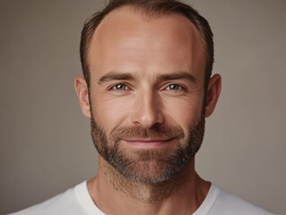 Fototapeta premium Portrait of a Confident Man with a Happy Expression, Smiling and Looking Directly at the Camera