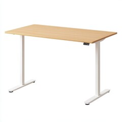 A simple wooden desk with a white metal frame, ideal for work or study environments.