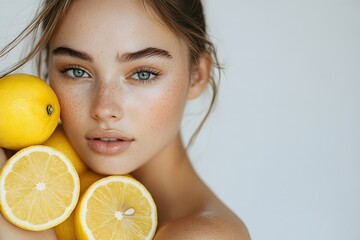 Close-up portrait of woman with lemons, natural beauty and fresh skincare concept, healthy glowing skin
