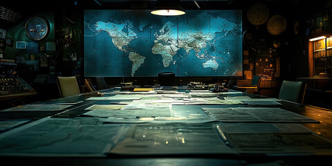 Shadow A dark room filled with war strategy maps and documents.