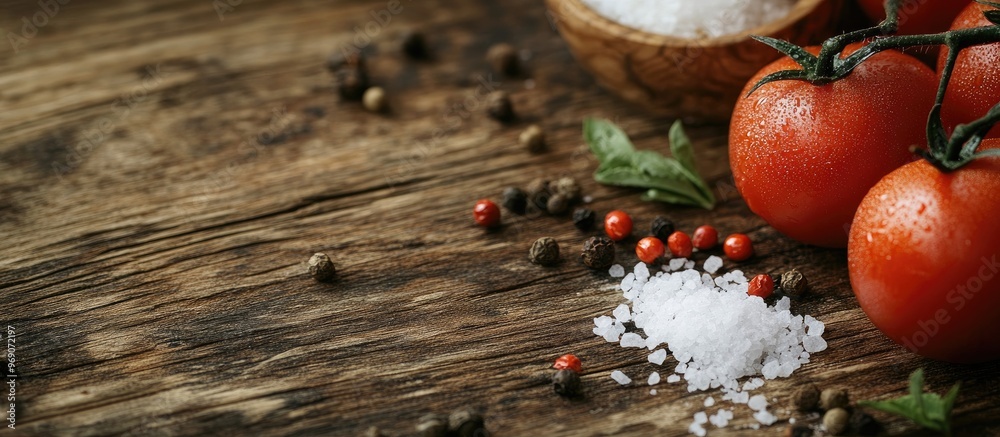 Leinwandbilder Pepper tomato salt and various spices on a wooden surface. with copy space image. Place for adding text or design