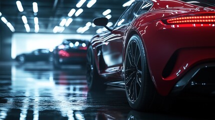 Obraz premium Red Sports Car in a Garage, Featuring Sleek Design, Powerful Tail Lights, and a Shiny Finish, Perfect for Automotive Advertising and Branding.